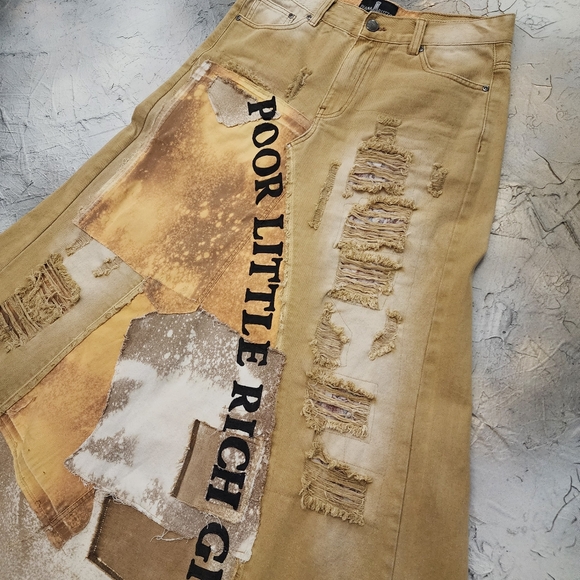 Upcycled Couture concept Designer Maxi Skirt Mustard Denim ShabbyChic - Picture 8 of 16
